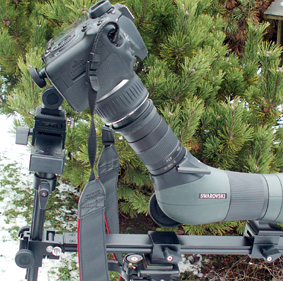 Adaptateur de digiscopie pivotant + reflex + longue vue